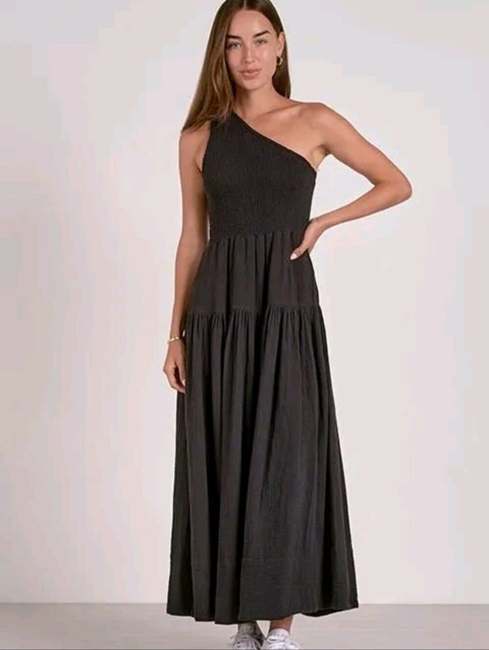 Elan NWT Black One Shoulder Maxi Dress Smocked Top Size XL